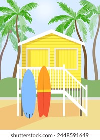 Yellow beach house with surfboards and palm trees. Vector flat illustration.
