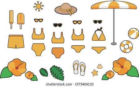 yellow beach set swimsuit hibiscus vector illustration