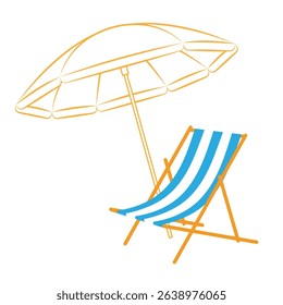 Yellow beach umbrella and blue sun lounger for rest and relaxation. Travel and vacation concept vector design.