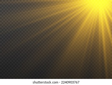 Yellow beam sunrays on transparent background. Golden sun flash with rays and spotlight. Star burst with sparkles. Translucent shine sun, bright flare. Sunlight glowing png effect. Vector illustration