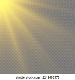 Yellow beam sunrays on transparent background. Golden sun flash with rays and spotlight. Star burst with sparkles. Translucent shine sun, bright flare. Sunlight glowing png effect. Vector illustration