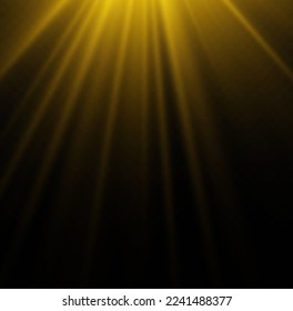 Yellow beam sunrays on transparent background. Golden sun flash with rays and spotlight. Star burst with sparkles. Translucent shine sun, bright flare. Sunlight glowing png effect. Vector illustration