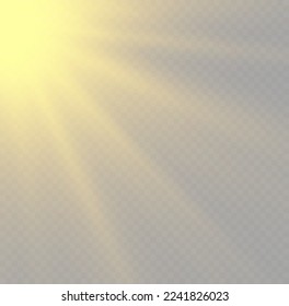 Gelbe Strahlen auf transparentem Hintergrund. Goldene Sonne blitzt mit Strahlen und Rampenlicht. Der Stern brach mit Funkeln aus. Lichtdurchlässige glänzende Sonne, heller Flamme. Sonnenlicht leuchtender PNG-Effekt. Vektorgrafik