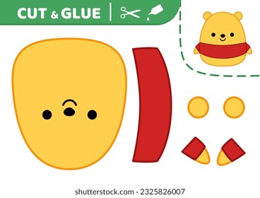 Yellow bear. Squishmallow. Cut and glue. Applique. Paper game. Bear. Kawaii, cartoon. Isolated vector illustration eps 10