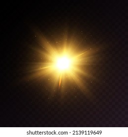 The yellow beautiful light explodes with a transparent explosion. Vector, bright illustration for a perfect glitter effect. Bright Star. Transparent glossy gradient glitter, bright flash.