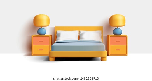 Cama amarilla, armarios, lámparas, 3D. Dormitorio. Para el hogar y conceptos de Ocio del hotel. Alquiler y reserva. Anuncio para el diseño. Vector