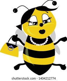 A yellow bee with black stripes, wearing a choker, with yellow bag, black lipstick, big eyes, with two antenna, vector, color drawing or illustration. 