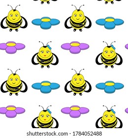 Yellow bee and flower. Seamless bright pattern.