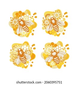 Plantilla de dibujo de abejas amarillas y flores de estilo moderno sobre fondo blanco. Cocina ecológica natural de verano. Arte de línea.