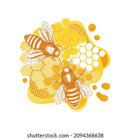 Yellow bee and flower sketch template in modern style on white background. Summer natural organic food. Line art.
