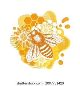 Yellow bee and flower sketch template in modern style on white background. Summer natural organic food. Line art.