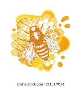 Plantilla de dibujo de abejas amarillas y flores de estilo moderno sobre fondo blanco. Cocina ecológica natural de verano. Arte de línea.