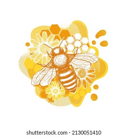 Yellow bee and flower sketch template in modern style on white background. Summer natural organic food. Line art.