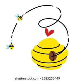 yellow bee hive, bees are flying. beehive with a heart, highlighted on a white background. beehive with bee flight lines. a house for insect bees. illustration of an isolated object. The Flying Swarm