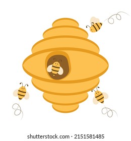 Yellow bee hive with bees on a white background. Vector illustration.	
