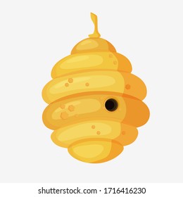 Yellow bee hive in cartoon style. Full of fresh honey. Oval-ribbed with a round central entrance. Bee hive graphics on an isolated white background.