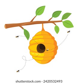 Yellow bee hive hanging on a tree branch bees flying. Honey beehive isolated on white background. Vector illustration