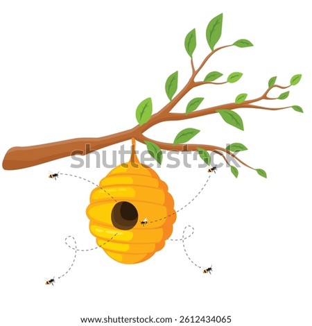 Yellow bee hive hanging on a tree branch bees flying. Honey beehive isolated on white background. Vector illustration