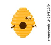Yellow bee hive on a white background. Bee hive isolate. Bee house with a circular entrance. Insect life in nature. Bees near the hive. Vector illustration
