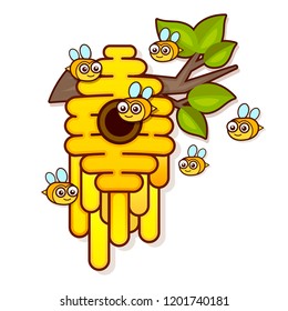 Yellow bee hive on a white background. Bee hive isolate. Stock Vector illustration of bee house with a circular entrance. Insect life in nature.