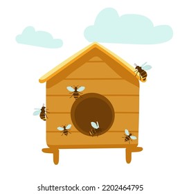 Colmena de abejas amarillas sobre un fondo blanco. Abeja hive aislada. Ilustración vectorial de la casa de abejas con entrada circular. La vida de los insectos en la naturaleza. Abejas cerca de la colmena.