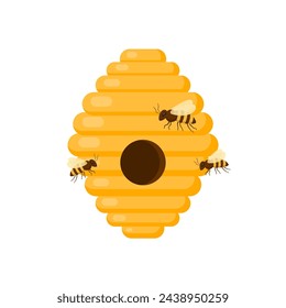 Yellow bee hive on a white background. Bee hive isolate. Bee house with a circular entrance. Insect life in nature. Bees near the hive. Vector illustration