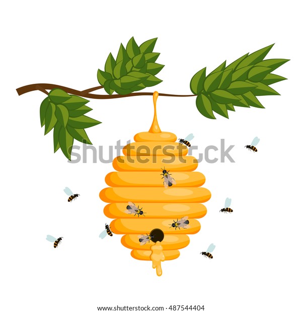 白い背景に黄色の蜂の巣 蜂の巣を隔離 円形の入り口を持つ蜂の家のストックベクターイラスト 自然の中での昆虫の生活 蜂の巣の近くにいる 木の枝に蜂の巣 のベクター画像素材 ロイヤリティフリー