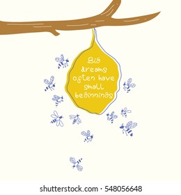 Yellow bee hive with quote in tree branch. Vector illustration. 