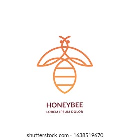 Yellow bee, line art logo emblem design template. Vector abstract honeybee linear icon. Honey packaging, cosmetics brand label concept.
