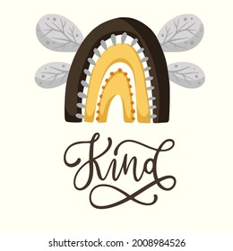 Yellow bee rainbow with wings cute kids vector card. Love boho poster design. Greeting graphic baby art. Kind letterng.