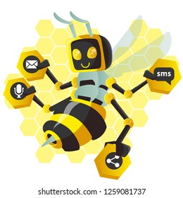 Yellow Bee Robot Holding Message, Share, SMS, and Mic Icon