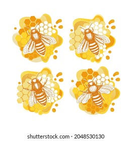 Yellow bee sketch template in modern style on white background. Summer natural organic food. Line art.
