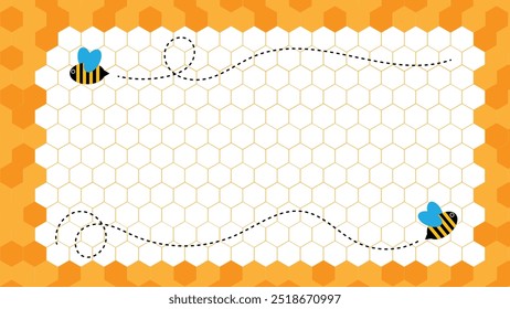 Yellow Beehive Hexagon Frame with Flying Bees. Animals, nature insects and graphic design elements concept vector