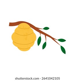 Yellow beehive on tree branch hand drawn in childish style with trendy textures