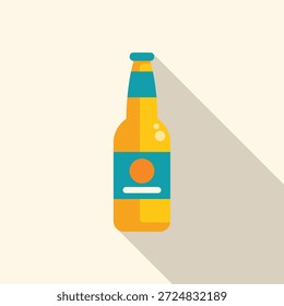 Botella de cerveza amarilla con una etiqueta azul está de pie sobre un fondo blanco con una larga sombra