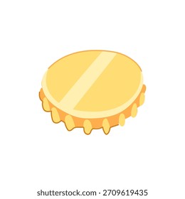 Tampa de garrafa de cerveja amarela com borda ondulada em um estilo de ilustração plano e minimalista em fundo branco, ideal para embalagem, design de bebidas, ícones e temas de verão