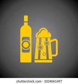 Yellow Beer Bottle & Glass icon on black background.