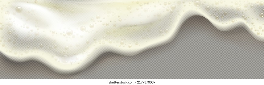 Yellow beer foam or soap suds isolated on transparent background. Vector realistic border of 3d dripping froth with bubbles. Splash of shampoo or detergent lather