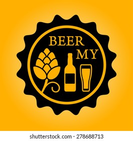yellow beer icon with hop glass and bottle