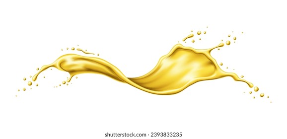 Yellow beer, oil or juice splash. Realistic liquid swirl flow. Transparent wave of refreshing drink. Isolated 3d vector liquid stream bursting with fluidity, capturing essence of freshness and zest