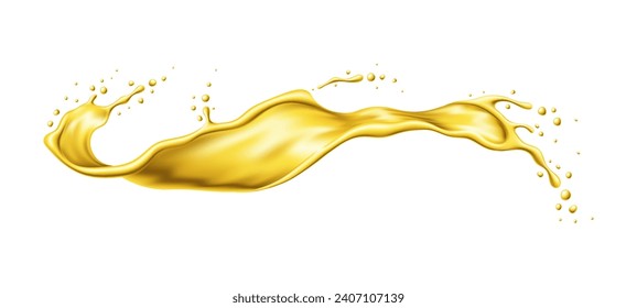 Yellow beer, oil or juice splash. Realistic liquid wave flow or spill with falling drops of vector 3d beer drink, cooking oil or honey, engine lubricant, fuel or petrol. Isolated gold liquid splash