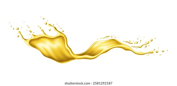 Yellow beer, oil or juice splash. Realistic liquid swirl. Isolated 3d vector wave of water, lemonade, mango, apple, or lemon juice, soda or honey, captured in mid-air, creating dynamic falling effect