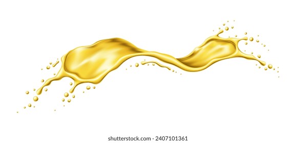 Yellow beer, oil or juice splashes. Realistic liquid swirl. Pure honey or syrup falling drops, natural skin or hair care cosmetics serum, olive oil realistic droplet splash isolated vector fizz