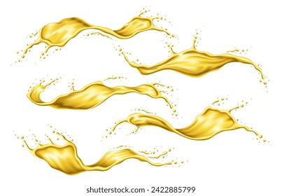 Yellow beer, oil or juice splashes. Realistic liquid swirl, wave, flow and spill with gold drops. Isolated golden splashes vector 3d set of olive oil, engine lubricant, honey, fuel or fruit drink