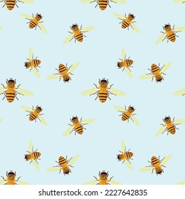 Yellow bees on a blue background. Vector illustration on the theme of seamless pattern.