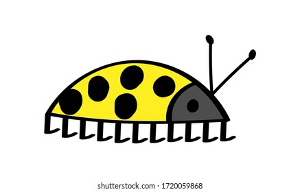 yellow beetle with round black dots and antennae on a white background. imitation of children's drawing. flat style