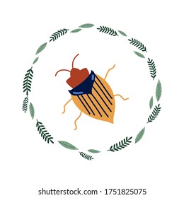 Yellow beetle in a wreath of leaves and twigs. Vector illustration