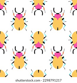 Los escarabajos amarillos en el fondo blanco. Patrón sin foco con elementos de dibujos animados.