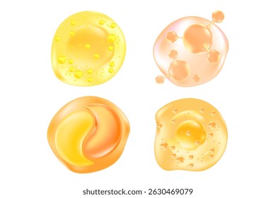 Amarelo, bege moléculas cosméticas ícone conjunto, ácido hialurônico, colágeno, vetor cosmetology ingrediente elementos isolados. Óleo de cuidados com a pele de soro de beleza, hidro gel de umidade, creme anti-idade