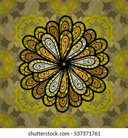Yellow, beige, dim, white, mandalas. Petal flowers. Radial gradient shape. Vector illustration.